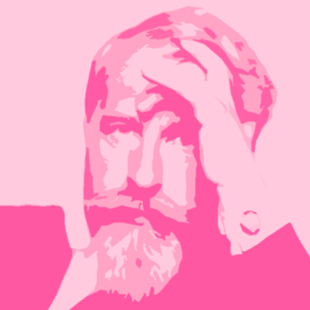Eine rosa getönte Illustration eines bärtigen Mannes, der seinen Kopf auf seine Hand stützt