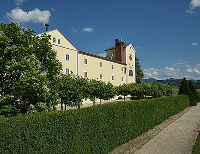 Außenansicht der Brauerei Schloss Eggenberg in Vorchdorf: Ein historisches Gebäude mit gelber Fassade 